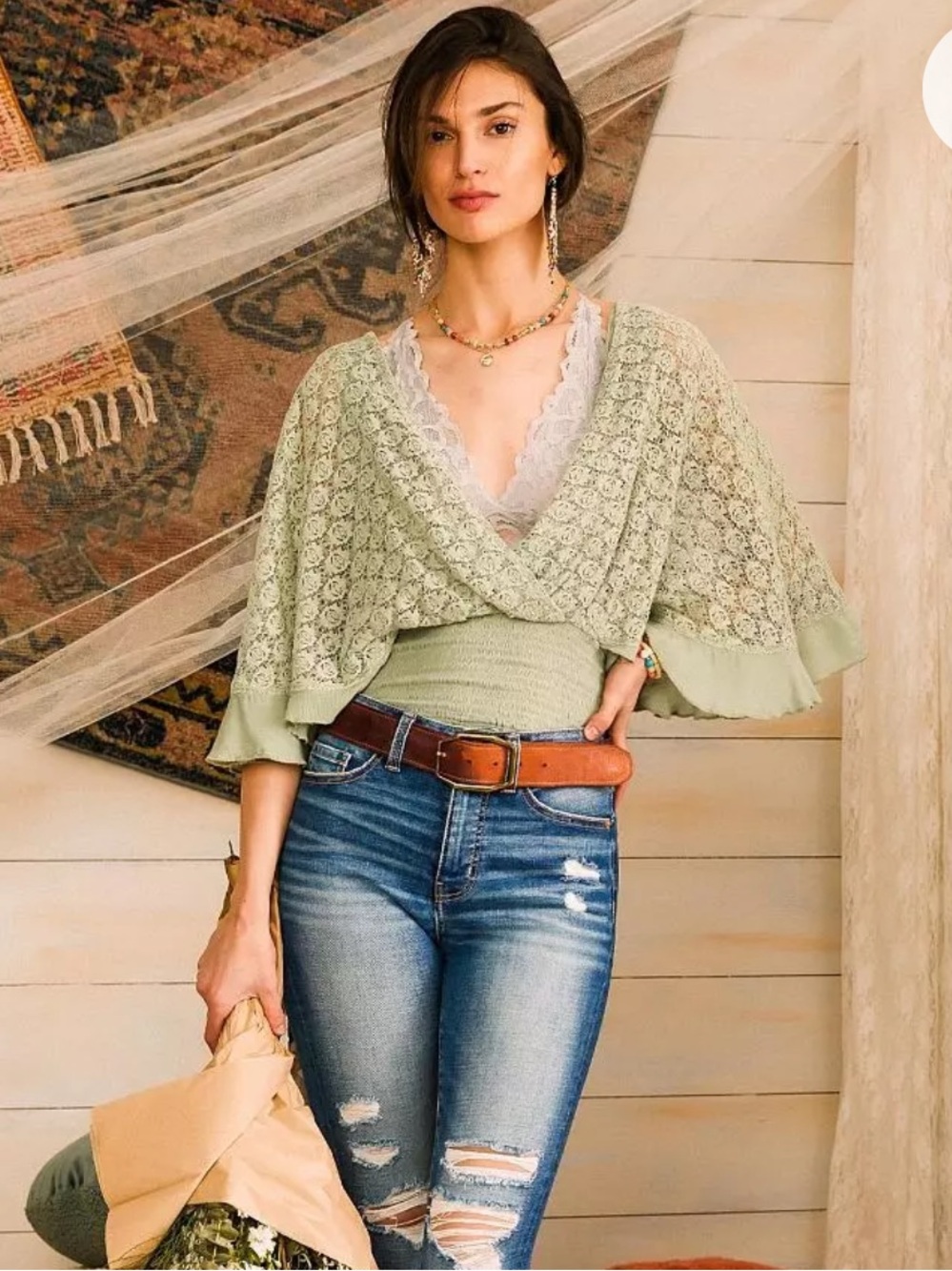 GIMMICKS Lace Smocked Top in Sage Green